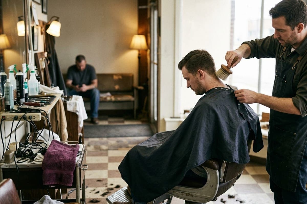 A barber brushing hair off a client's neck at the end of a cut while the next client waits on a bench.