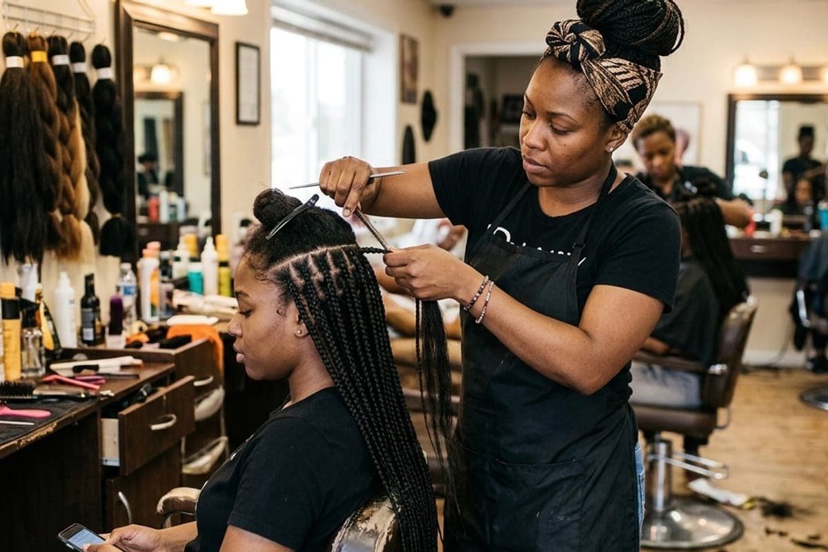 A braider parting and braiding a client's hair partway through a long session.