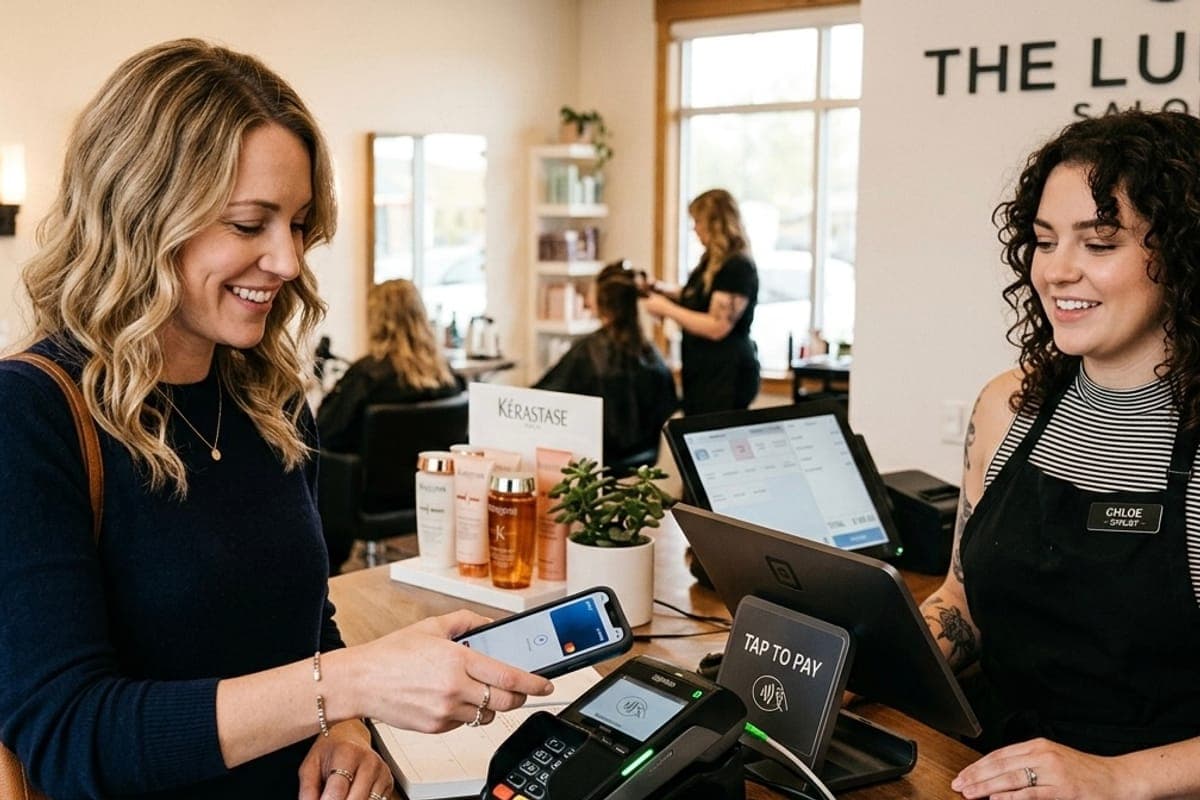 A client holding a phone to a card reader on a salon front counter.