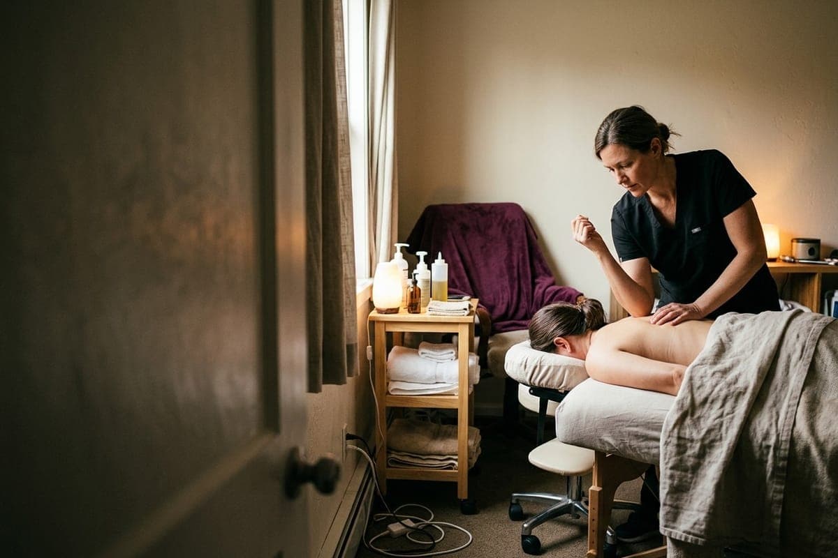 A massage therapist working on a client's back as they lie face-down on a massage table in a small, lamp-lit room.