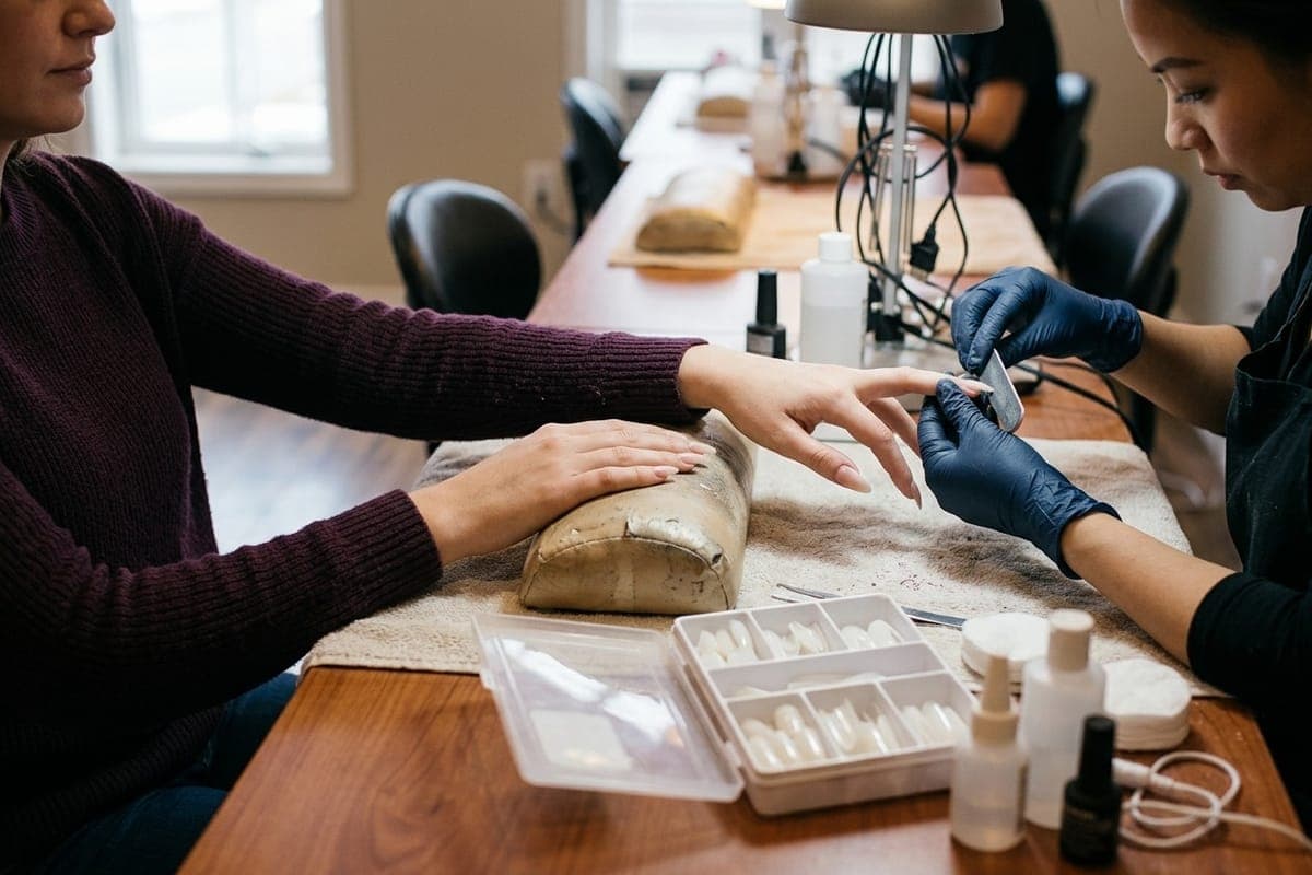 A gloved nail technician filing a client's long almond nails, an open box of nail tips on the table between them.