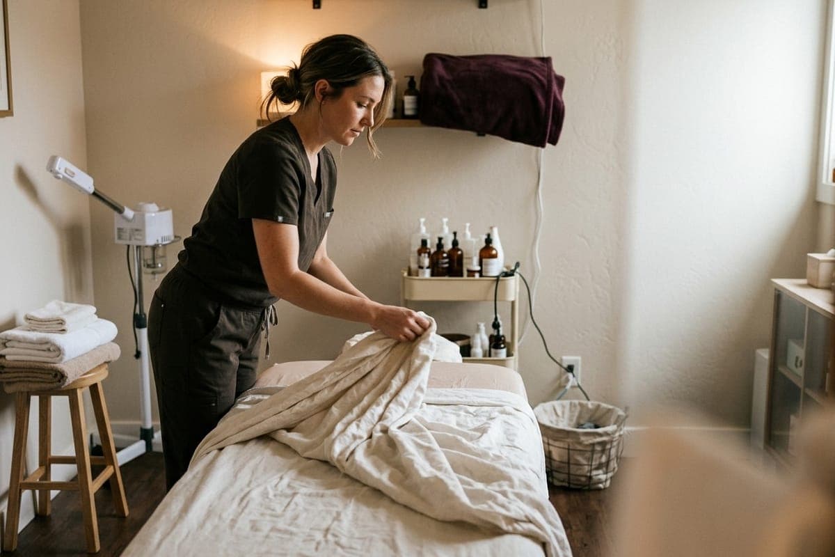 An esthetician remaking an empty treatment bed with fresh linen between appointments.