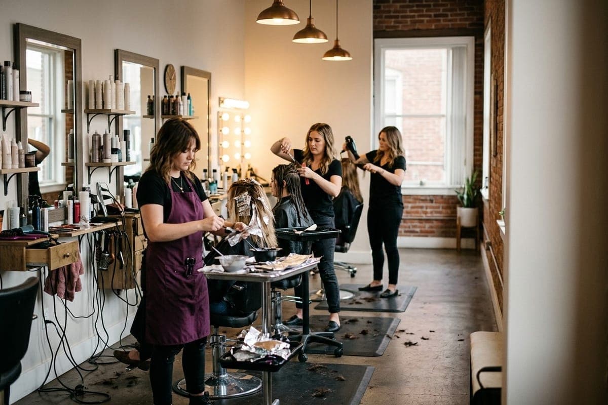 A busy salon floor with three stylists at three chairs — one foiling, one cutting, one blow-drying.