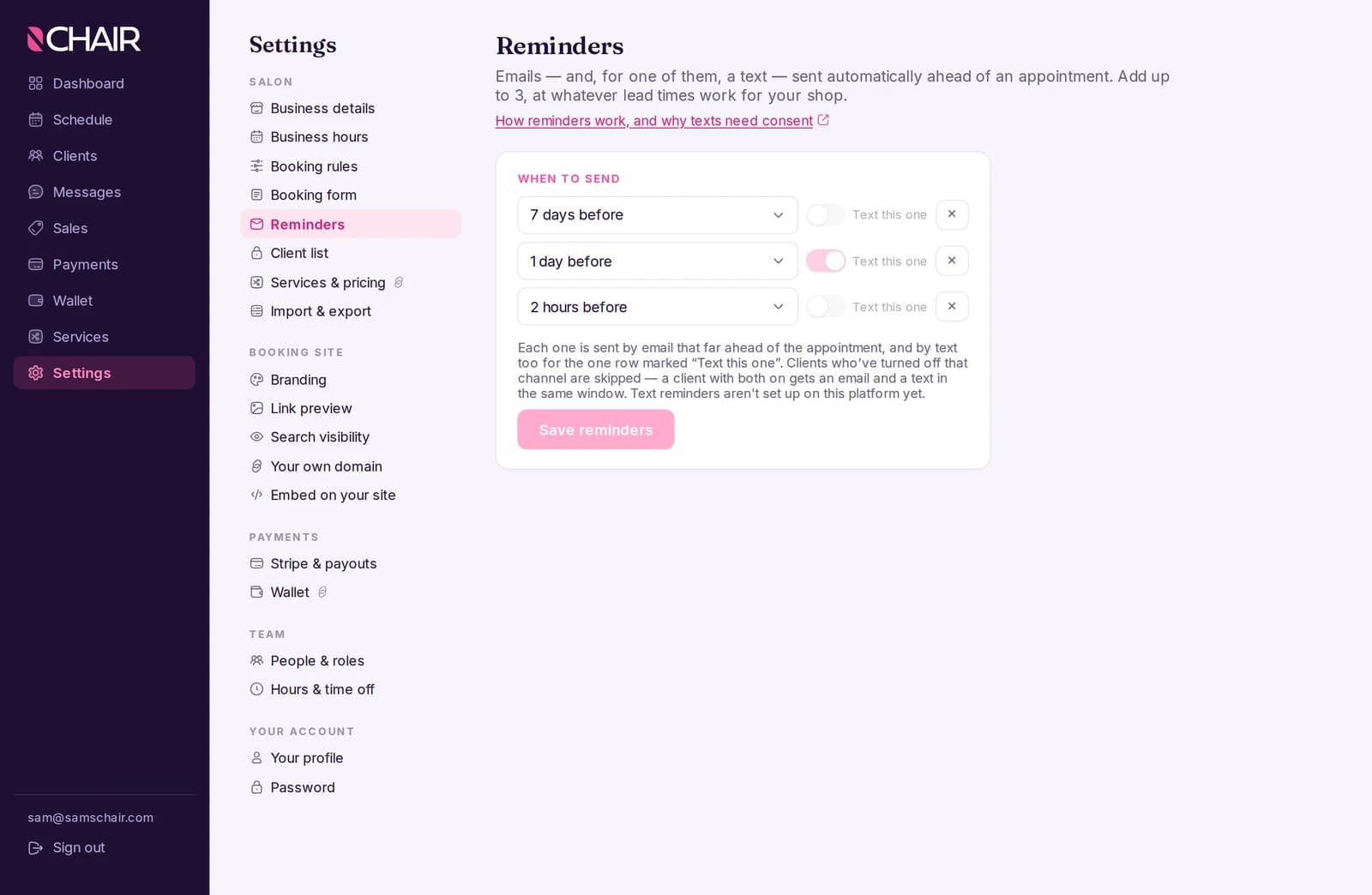The reminder settings, showing the email lead times and which one also sends a text.