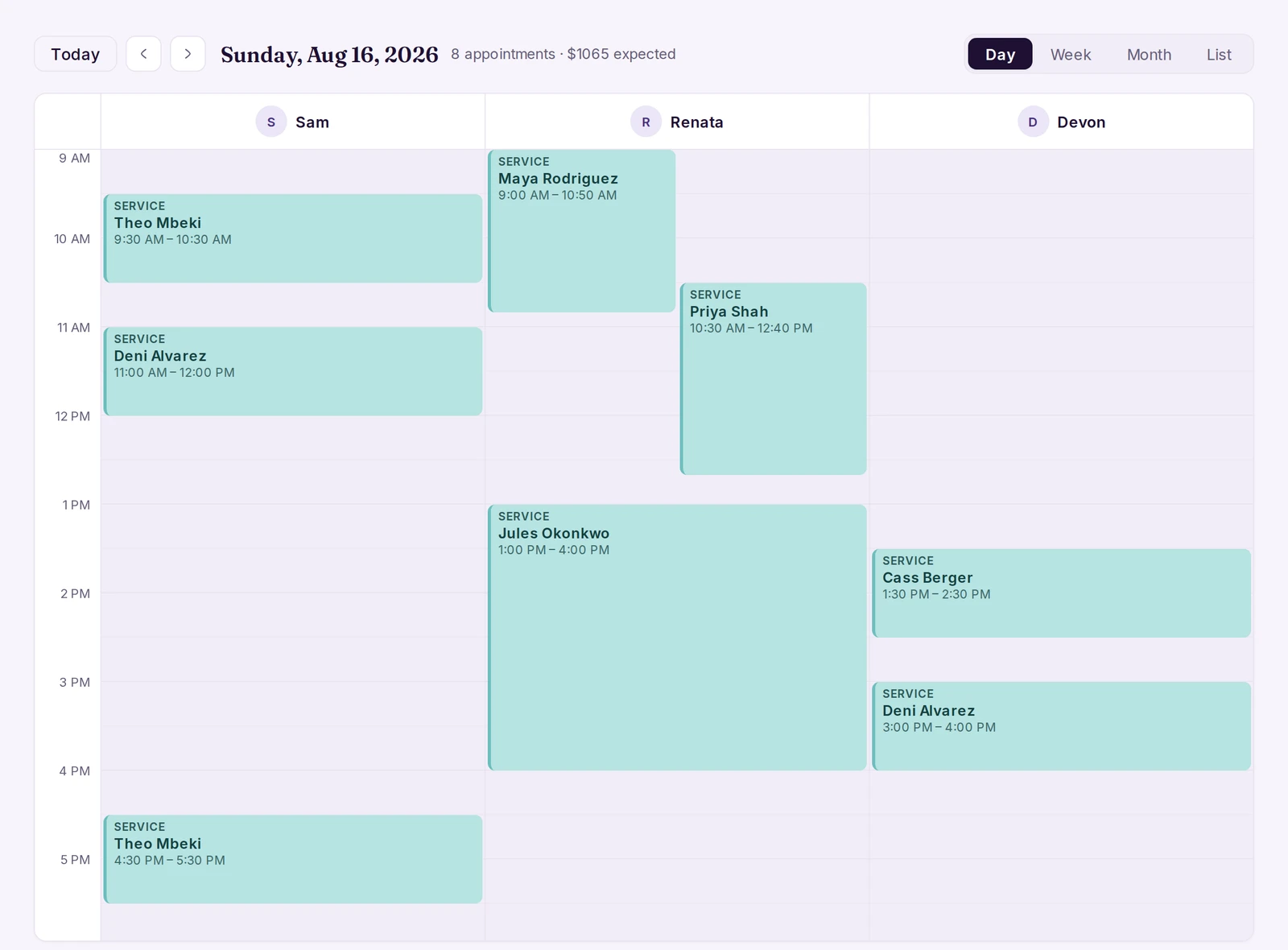 The day view of the salon calendar, with a column per stylist and appointments blocked out.