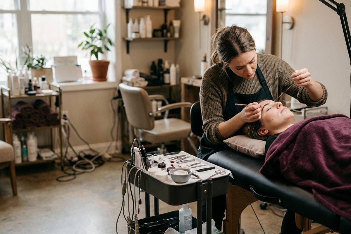 A brow artist mapping a reclining client's brows with a pencil and thread, their tools laid out on a tray beside the bed.