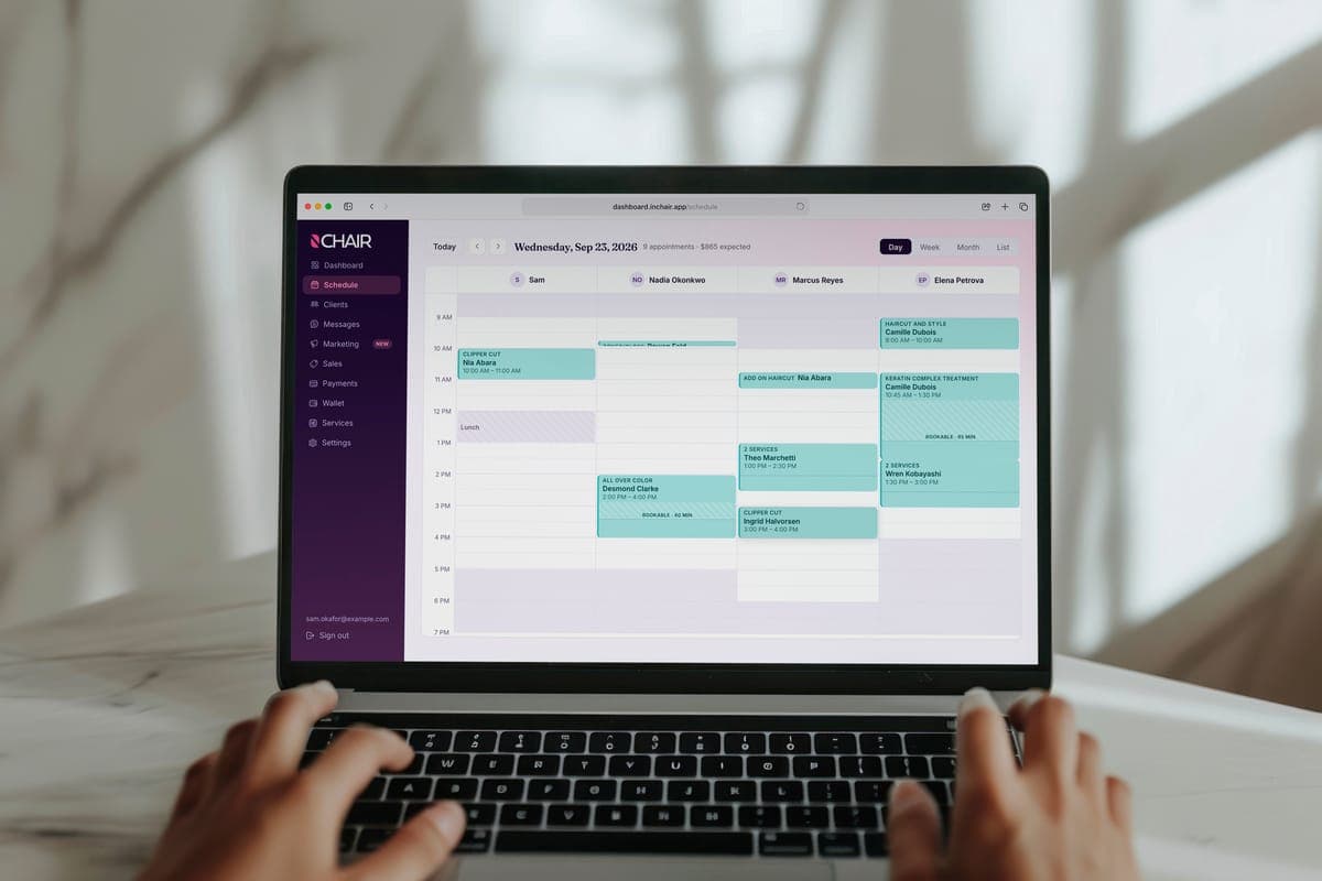 A laptop showing the Inchair day schedule, one column per stylist.