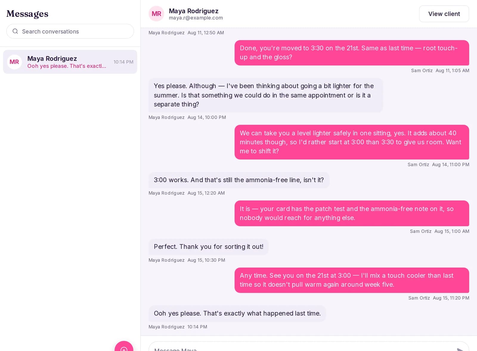A client message thread in the dashboard, with the conversation on the right.
